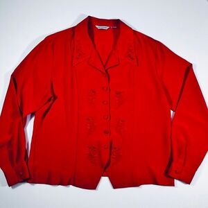 Vintage Ship N Shore Red Floral Embroidered Beaded‎ Button Down Blouse